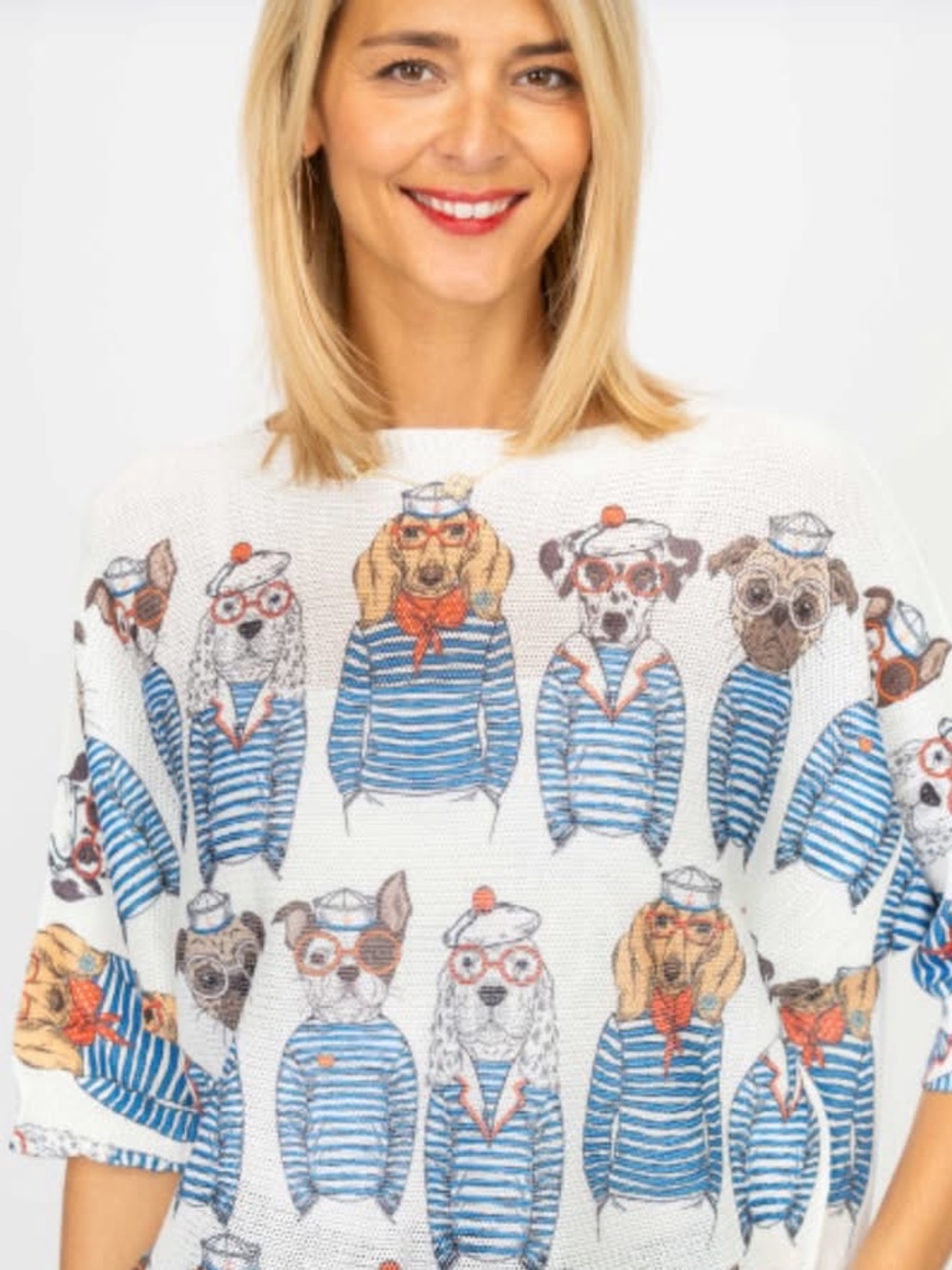 Moda Nautical Dog Print Sweater - White, Blue & Orange